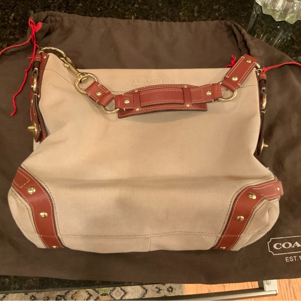 Coach Carly large, natural canvas with brown leather.